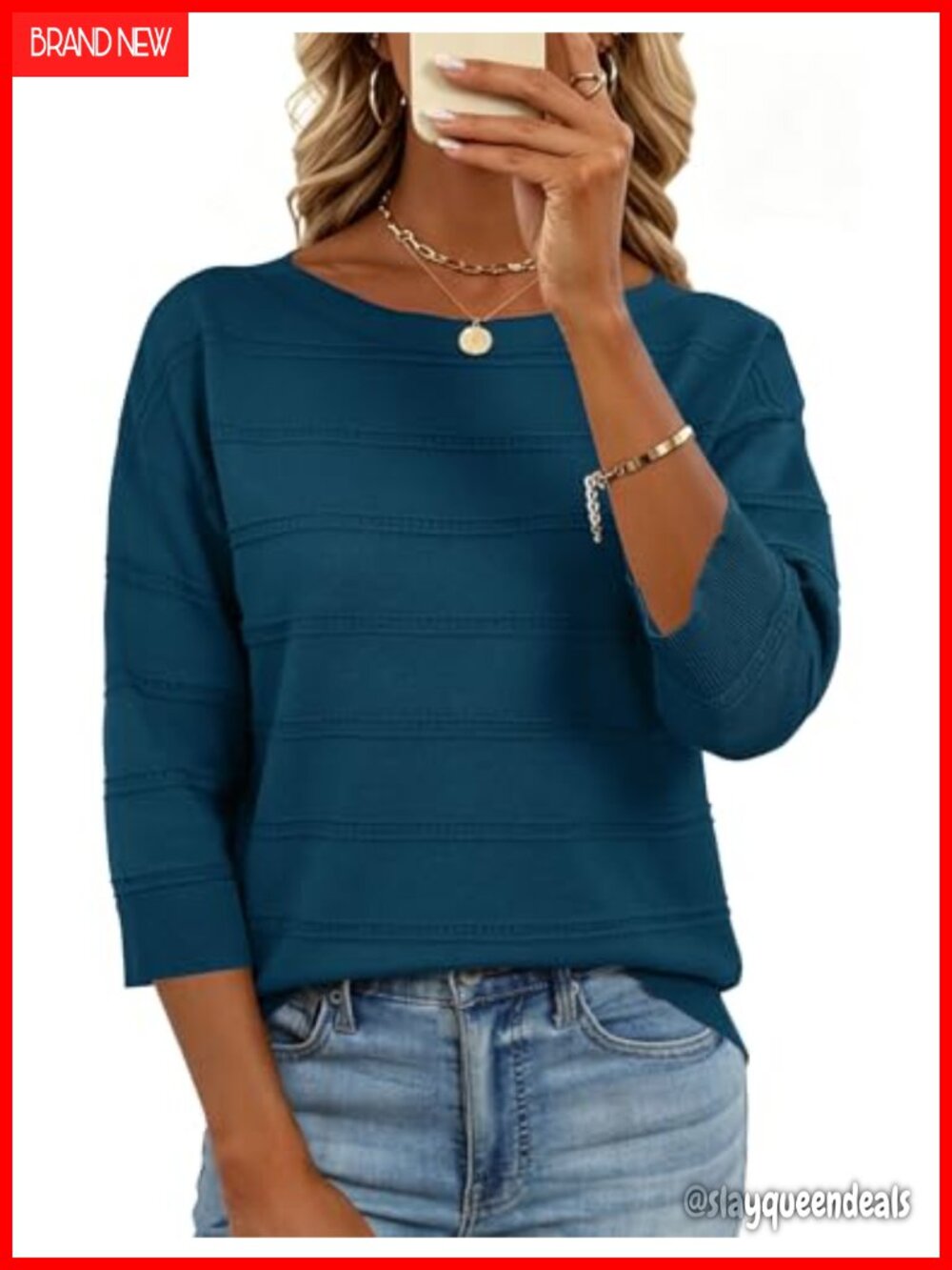 Womens Lightweight Knit Pullover Sweater Boat Neck 3/4 Sleeve Relaxed Fit